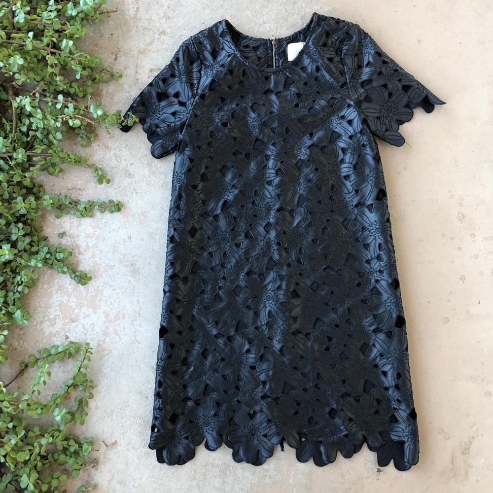 Black Floral Faux Leather Shift Dress